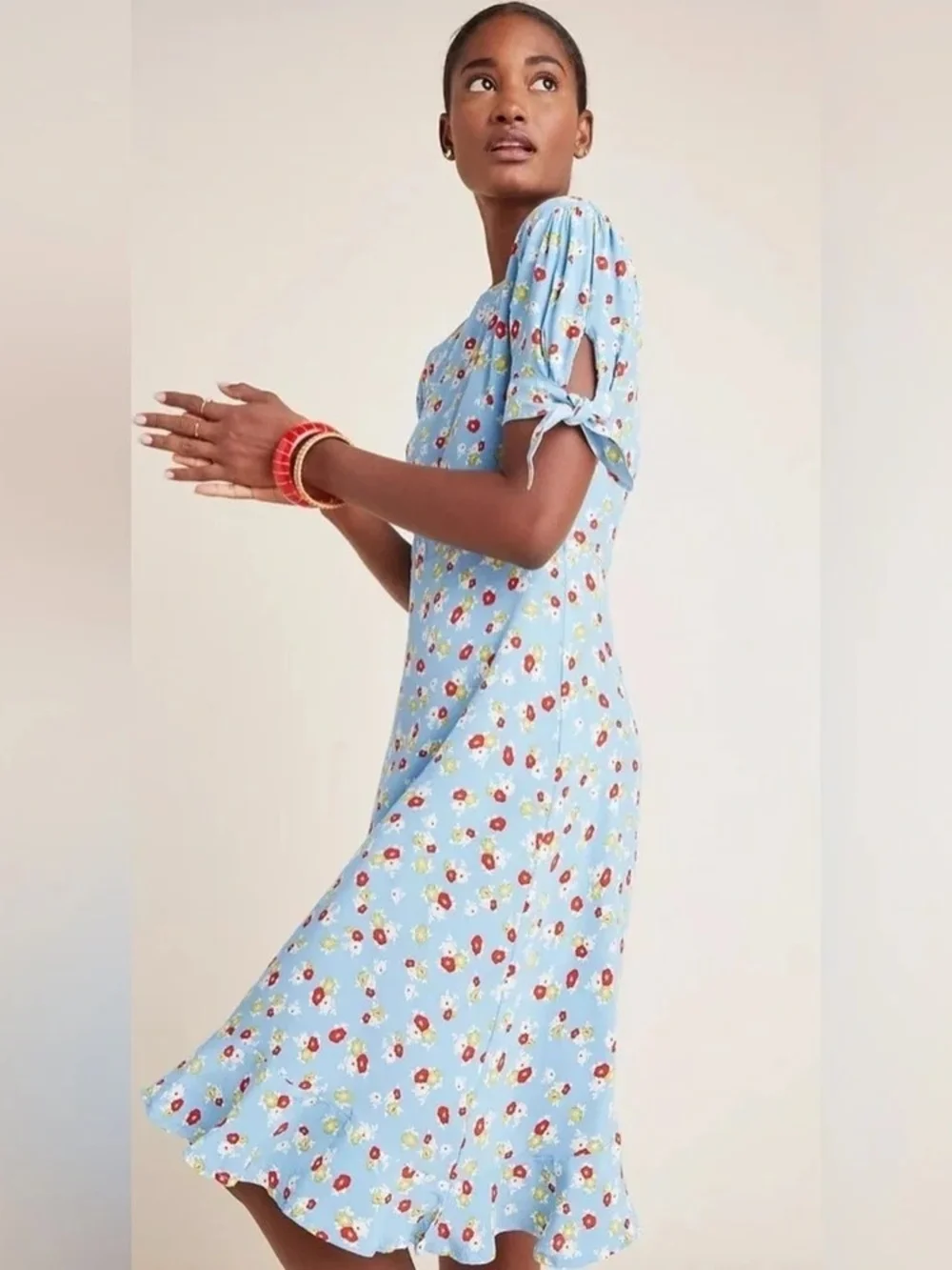 Faithfull the Brand Sky Blue Floral Tie-Sleeve Midi Dress - Picture 4 of 5